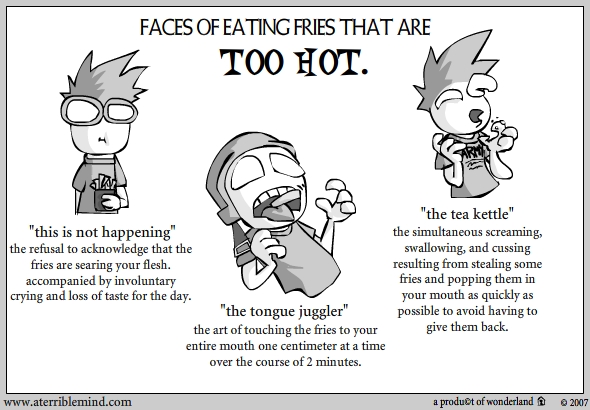 Faces of eating Fries that are too hot